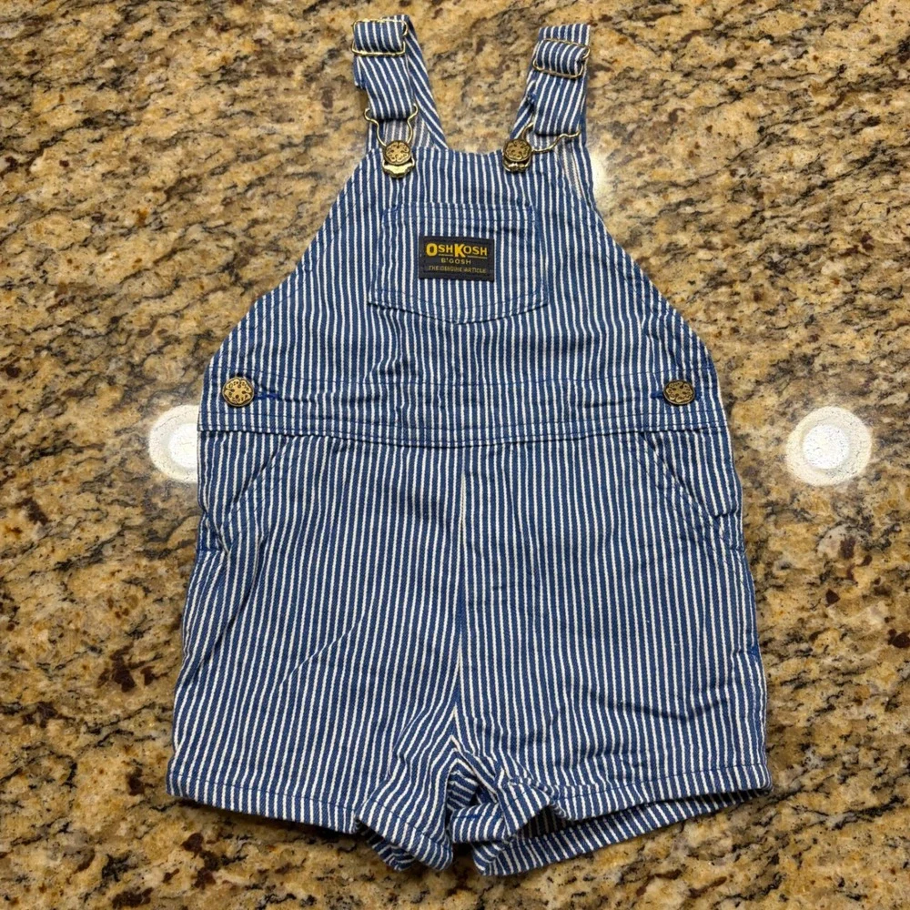 Vintage OshKosh Bgosh Hickory Stripe Overalls Blue White Railroad Shortalls 24M